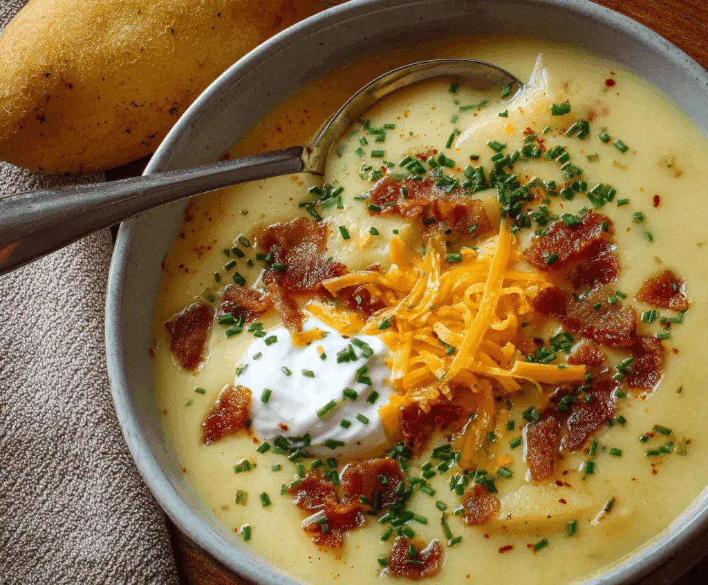 A bowl of creamy baked potato soup garnished with chopped chives and shredded cheese, served with a slice of crusty bread on the side.