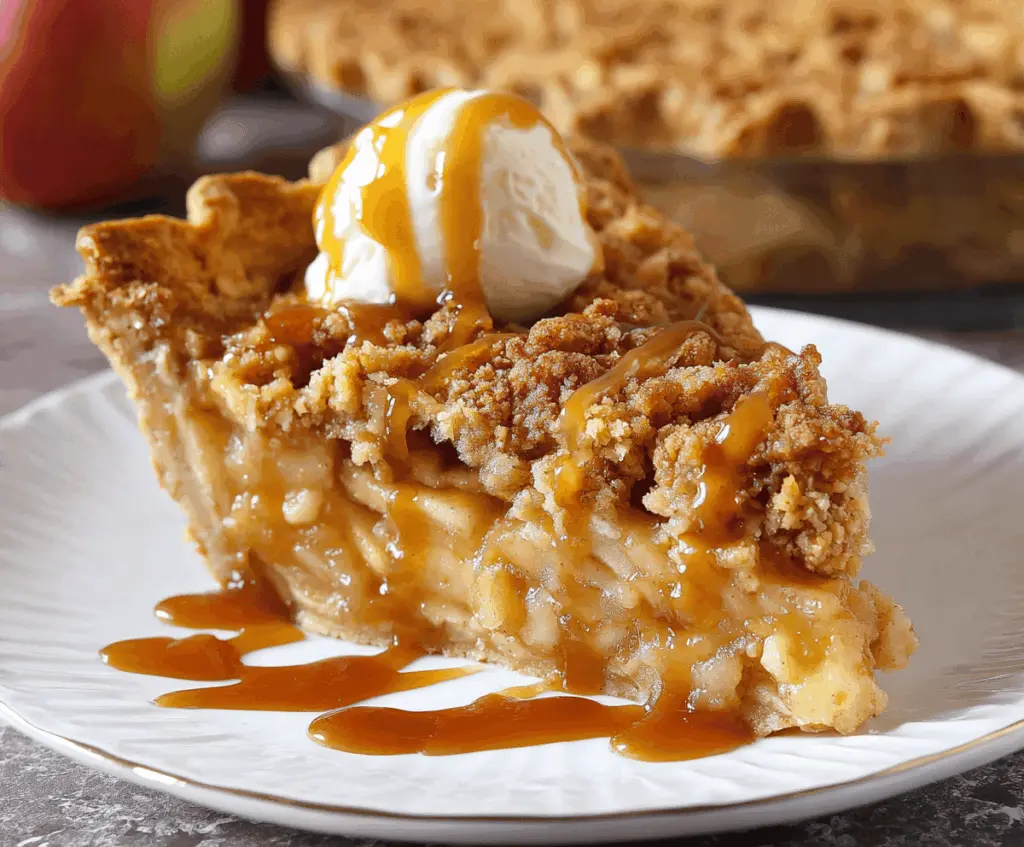 Delicious Dutch Caramel Apple Pie with golden crust, caramel drizzle, and sliced fresh apples ready to serve