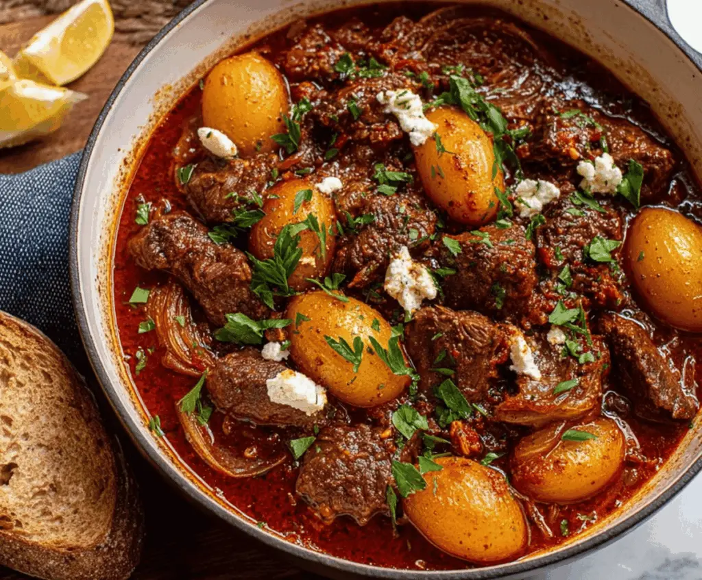 Hearty Greek beef stew with tender beef chunks, fresh vegetables, herbs, and a rich savory broth in a rustic bowl.
