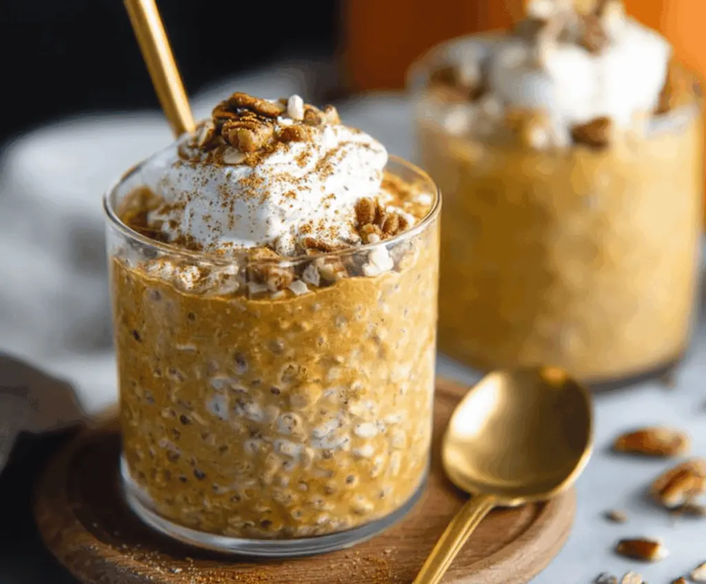 Creamy pumpkin pie overnight oats topped with whipped cream and cinnamon in a glass jar, perfect for a healthy breakfast option.