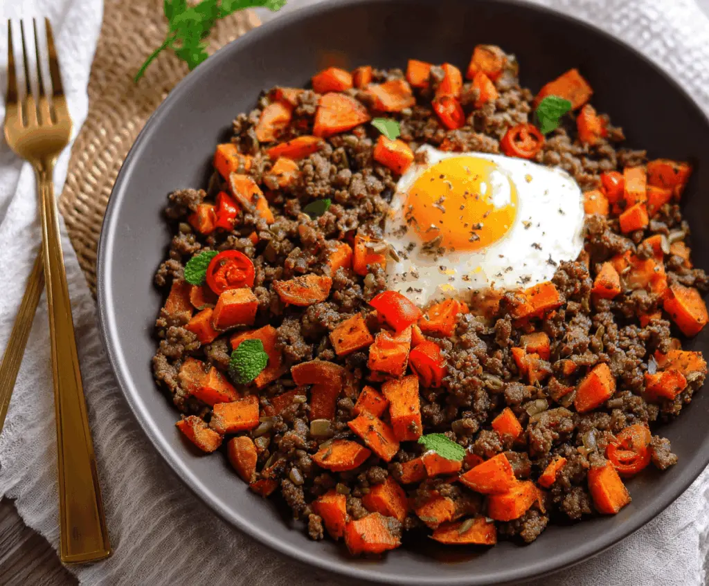 Delicious sheet-pan ground beef and sweet potato hash topped with fresh herbs, ready to serve as a hearty breakfast or dinner