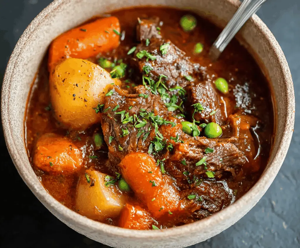 Hearty slow cooker beef stew with tender beef chunks, vegetables, and herbs in a rustic bowl.