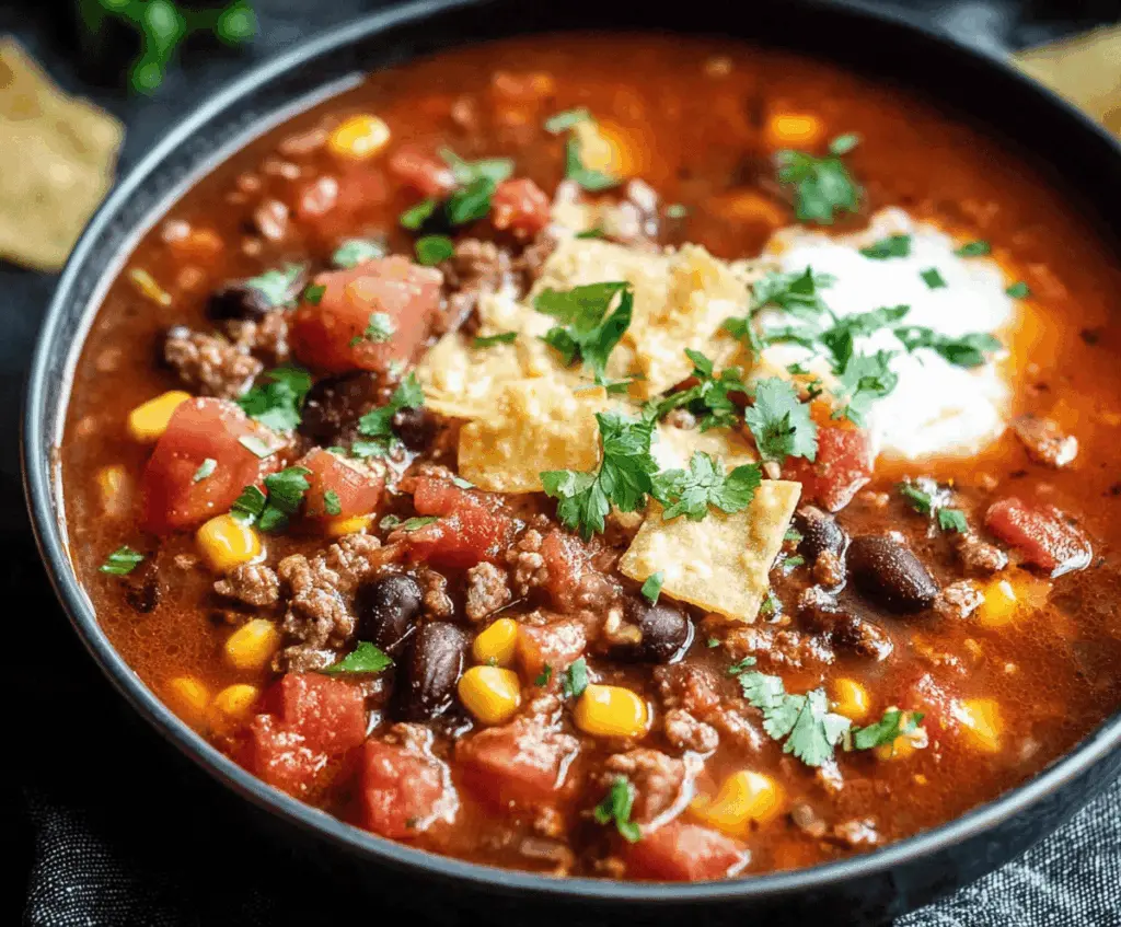Heaping bowl of homemade Slow Cooker Taco Soup with seasoned beef, beans, corn, and fresh toppings, ready to serve.