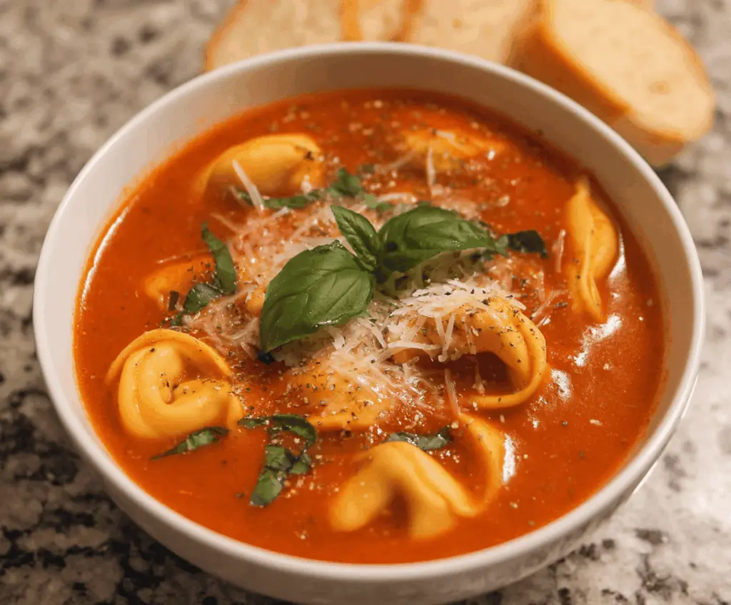 Creamy tomato tortellini soup in a slow cooker with fresh basil and grated cheese, ready to serve