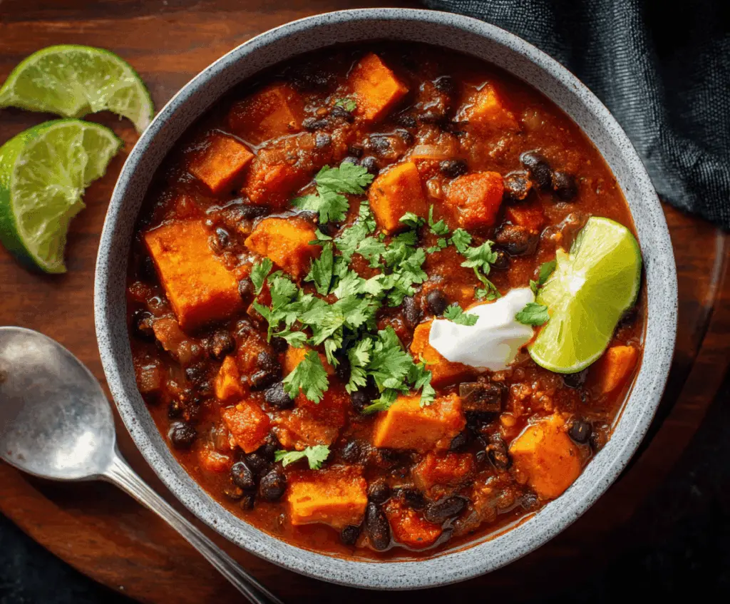 Hearty Sweet Potato Black Bean Chili in a bowl topped with fresh herbs and diced avocado, featuring vibrant orange, black, and green colors perfect for a healthy, comforting meal.