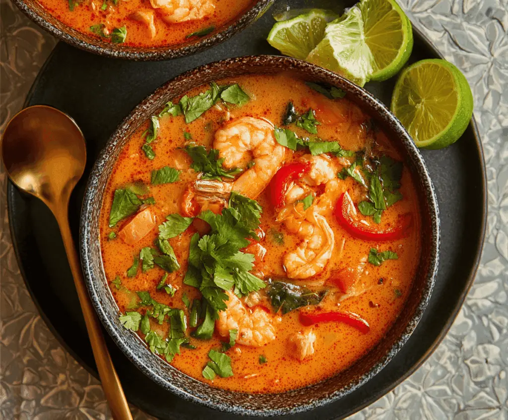 A steaming bowl of Thai Shrimp Soup garnished with fresh herbs, lime wedges, and sliced chili peppers, showcasing vibrant orange shrimp, colorful vegetables, and aromatic spices.