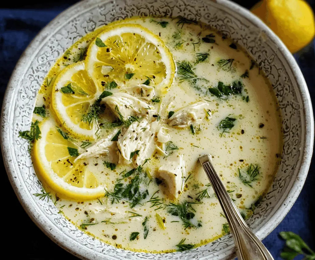 Creamy Greek Avgolemono Soup with lemon, chicken, and rice served in a bowl, garnished with fresh herbs
