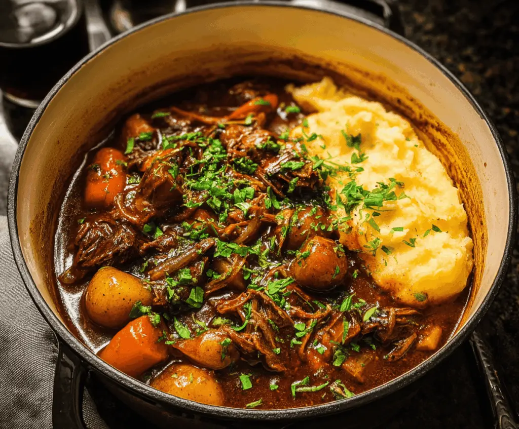 Hearty Beef and Guinness Stew with tender beef chunks, carrots, potatoes, and rich gravy in a rustic bowl.