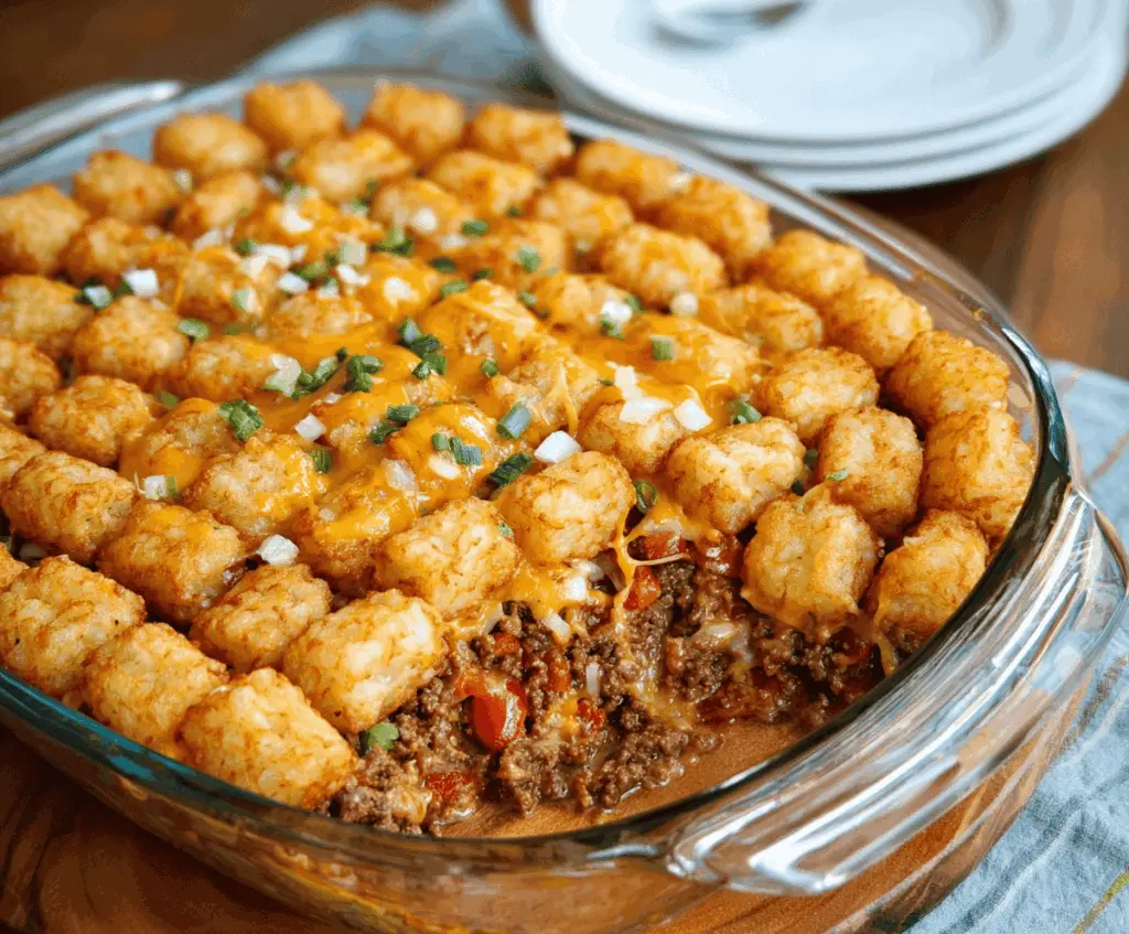 Delicious cheeseburger tater tot casserole with melted cheese, seasoned ground beef, crispy tater tots, and fresh toppings ready to serve