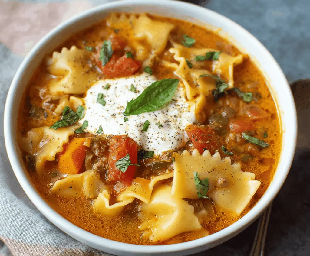 Creamy vegetarian lasagna soup topped with fresh basil and melted cheese in a white bowl on a rustic wooden table