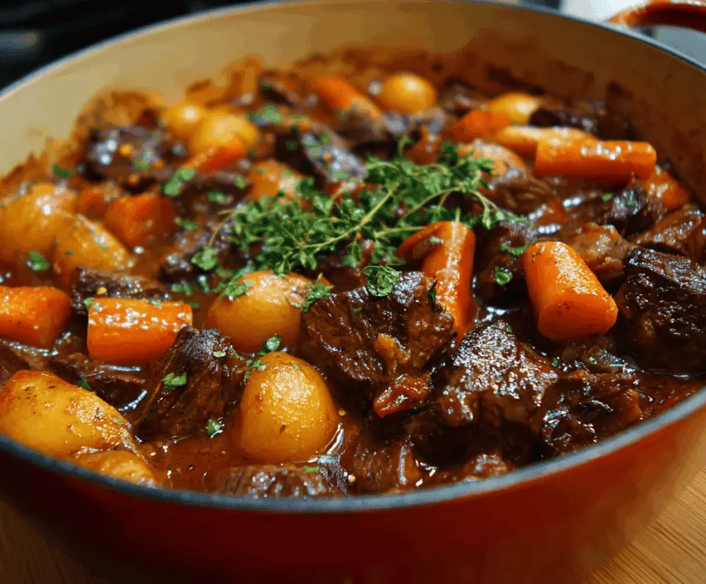 Hearty French Beef Stew with tender beef chunks, carrots, potatoes, and herbs served in a rustic bowl.
