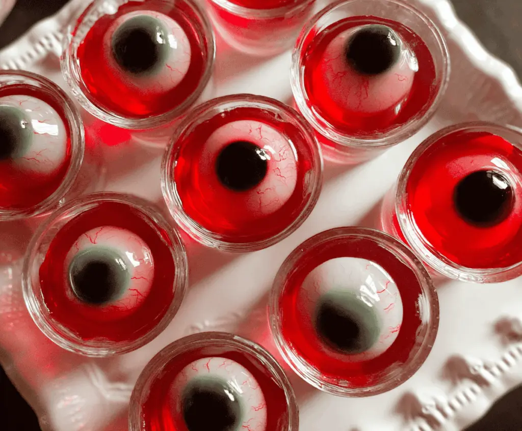 Colorful Halloween Eyeball Jello Shots with spooky eyeball decorations for a festive party treat