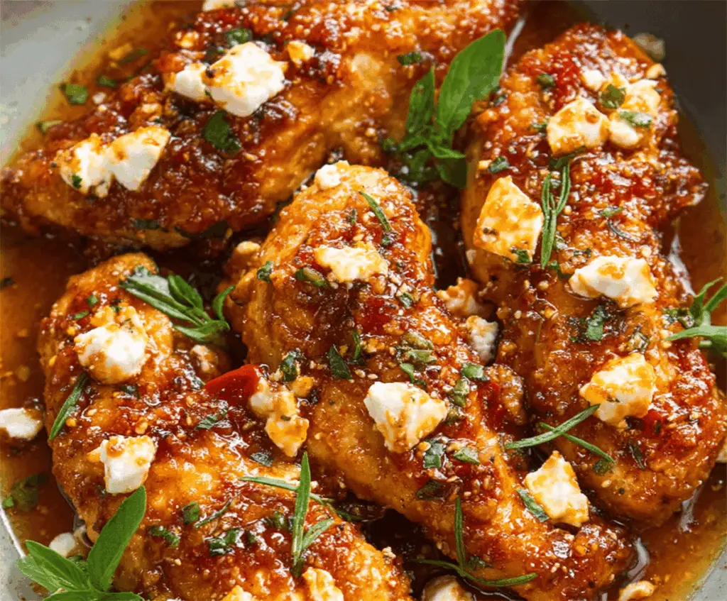 Creamy baked chicken topped with spicy hot honey and melted feta cheese, served garnished with fresh herbs in a close-up shot