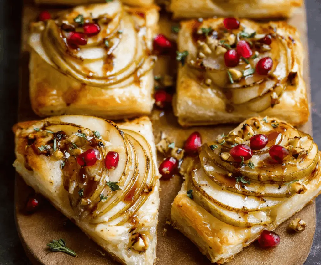 Delicious Pear and Brie Puff Pastry Bites topped with fresh herbs, perfect for appetizers or parties