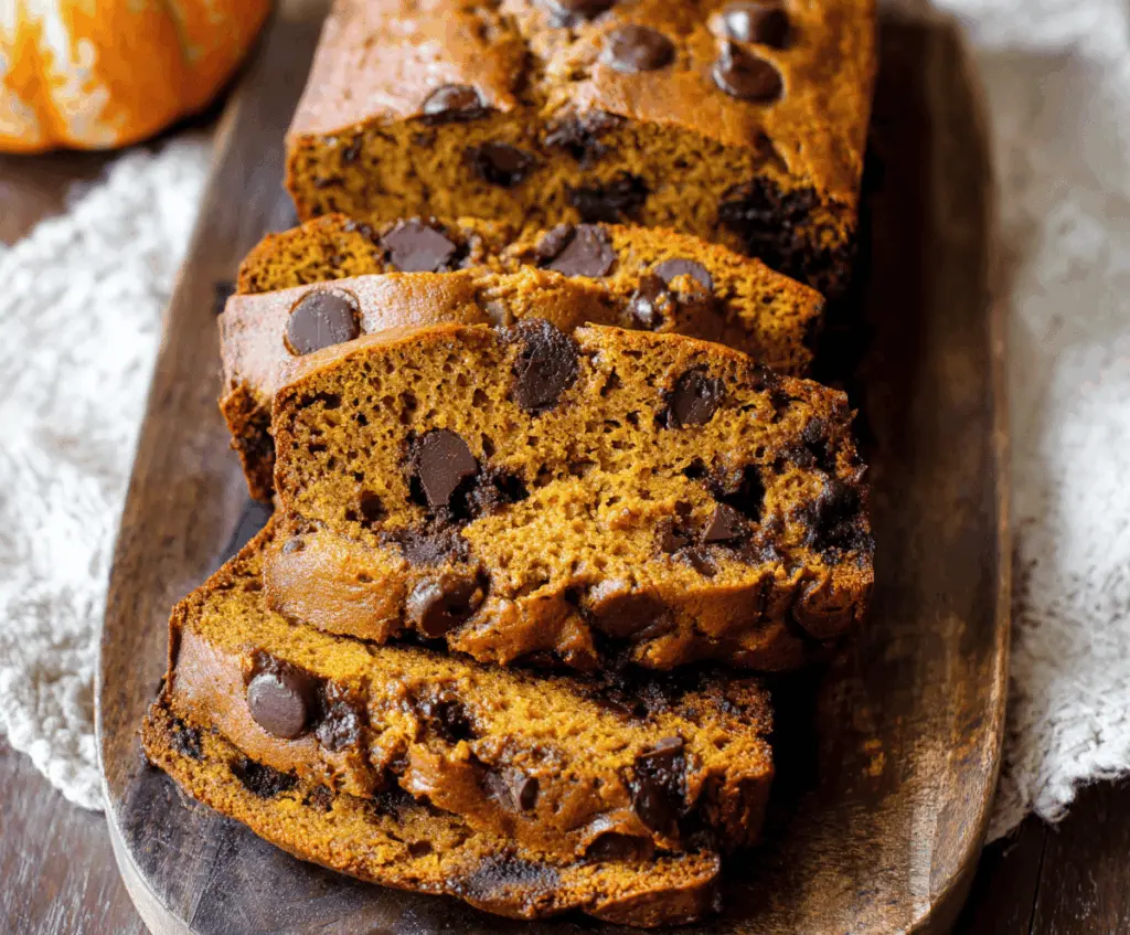 Delicious homemade pumpkin chocolate chip bread sliced and ready to enjoy, featuring a moist texture and chocolate chunks, perfect for fall desserts.