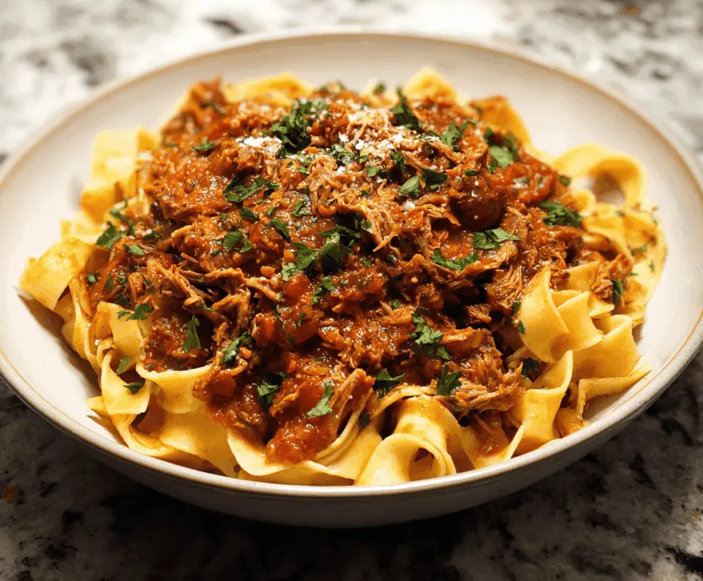 Delicious Slow Cooker Pork Ragu served over pasta, featuring tender pulled pork in rich tomato sauce with herbs and vegetables