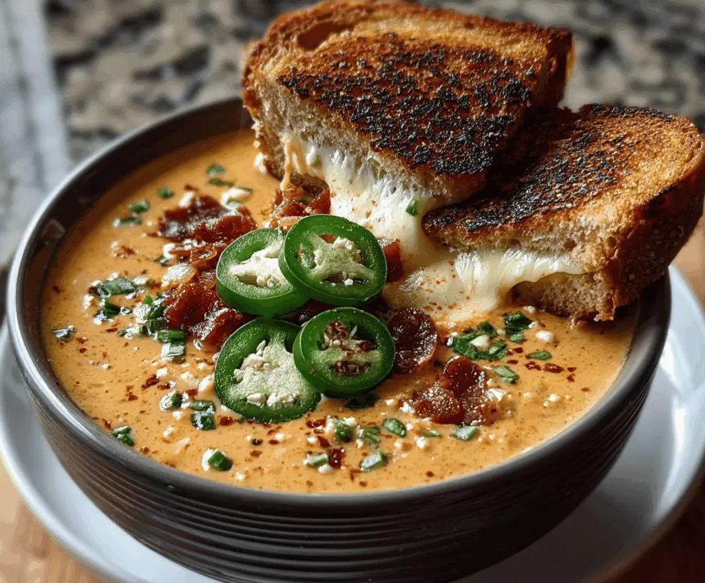 Creamy spicy jalapeño popper soup served with crispy grilled cheese dippers, perfect for comfort food lovers
