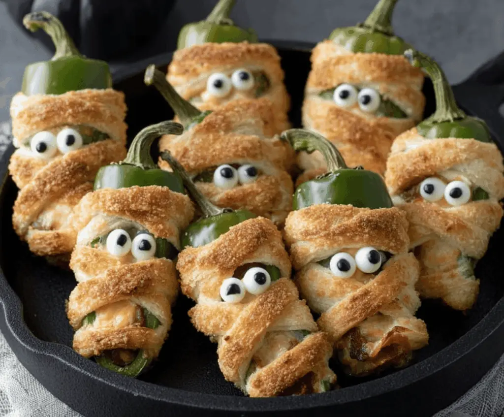 Spooky Halloween Jalapeño Popper Mummies with cream cheese filling wrapped in puff pastry and decorated with sliced olives for eyes
