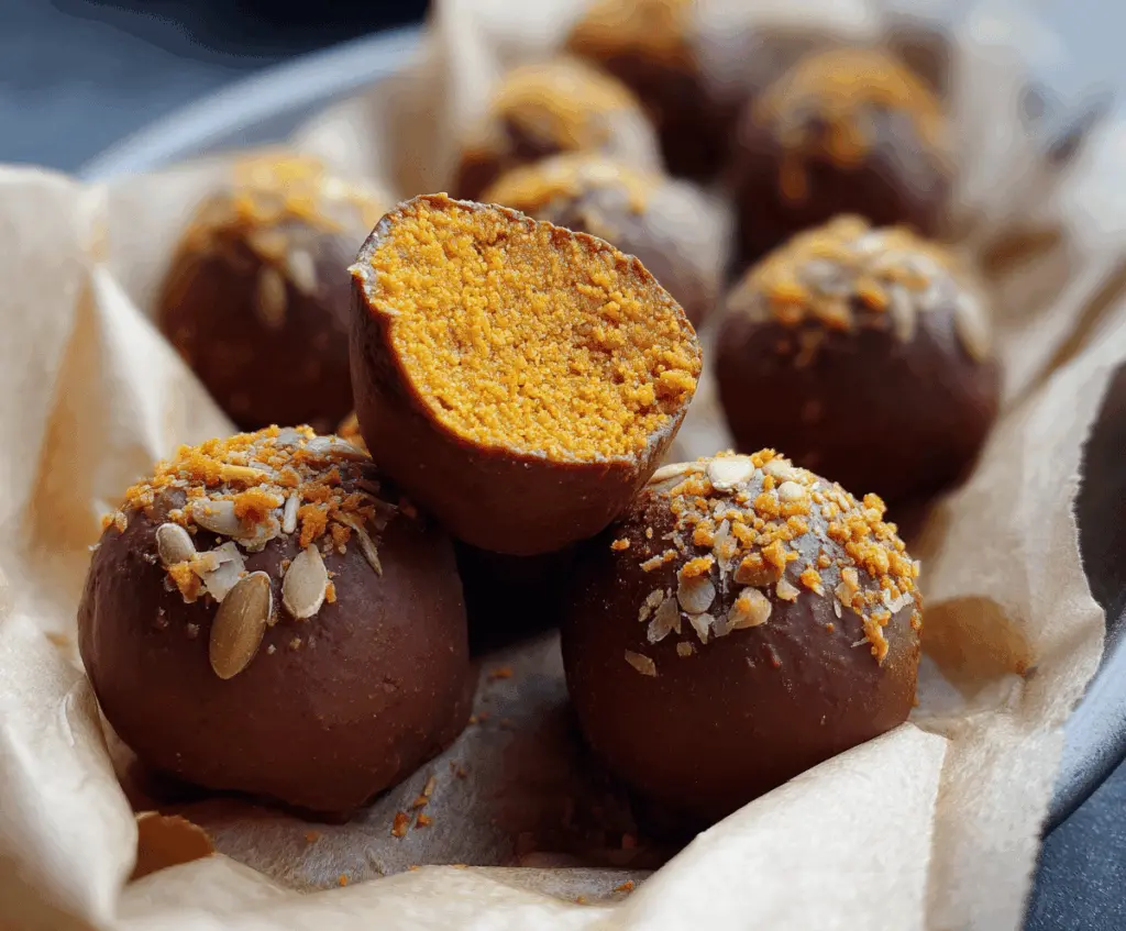 Delicious homemade healthy pumpkin truffles with a creamy pumpkin filling coated in chocolate, perfect for a nutritious fall treat.