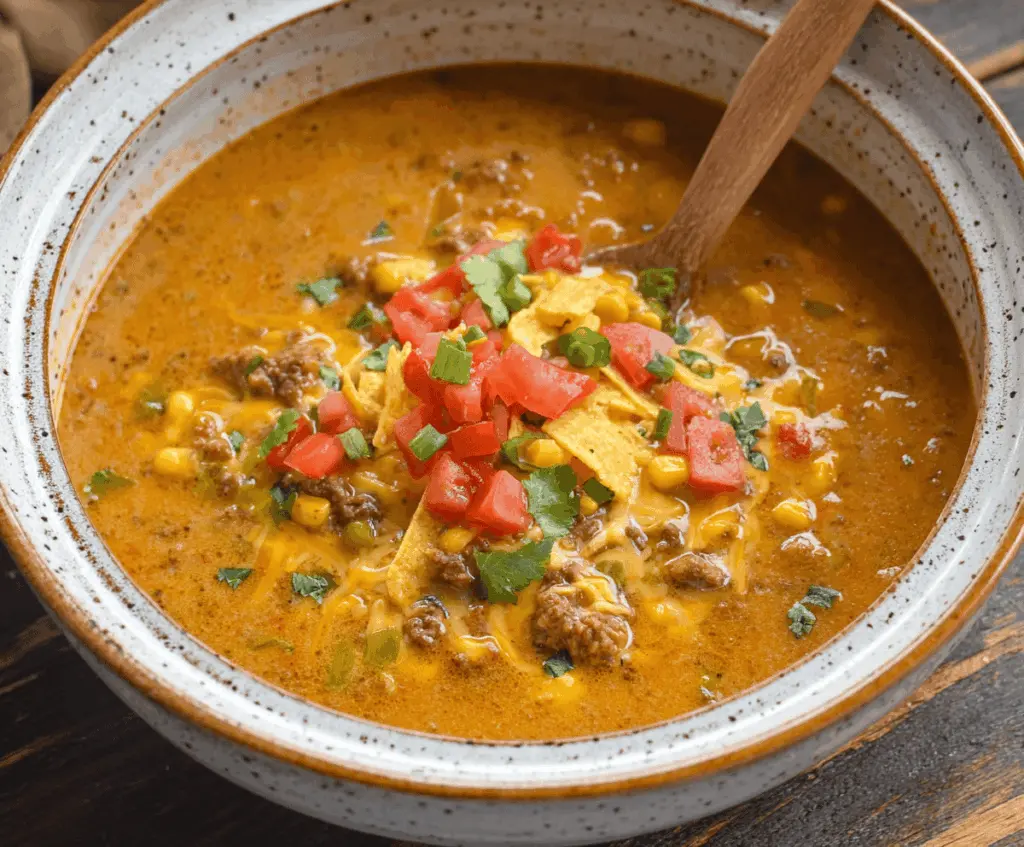 Creamy Slow Cooker Nacho Soup topped with shredded cheese, jalapeños, and sour cream in a white bowl with tortilla chips on the side.
