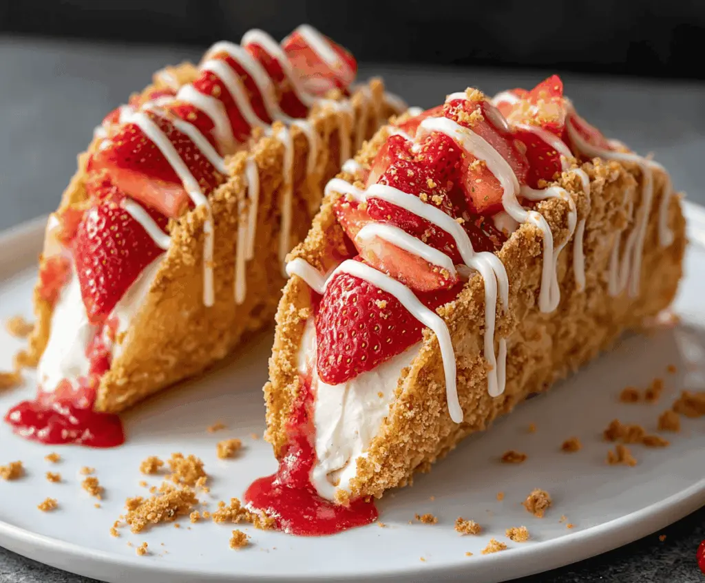 Delicious Strawberry Crunch Cheesecake Tacos topped with fresh strawberries and crunchy cookie crumbs on a white plate