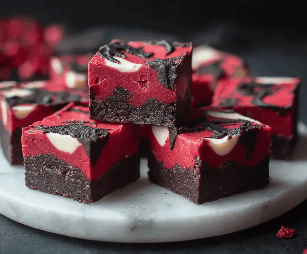 Delicious homemade Vampire Fudge with red and black colors, perfect for Halloween treats