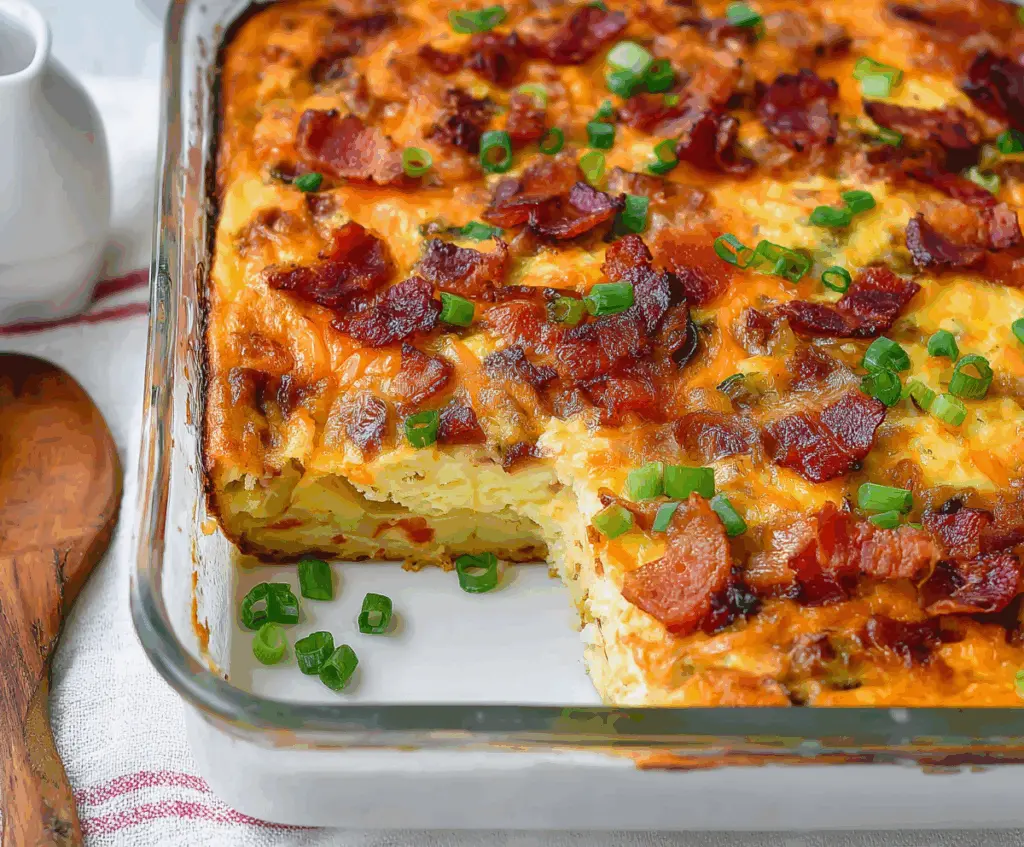 Delicious Bacon Potato Egg Breakfast Casserole with crispy bacon, golden potatoes, and fluffy eggs on a serving dish