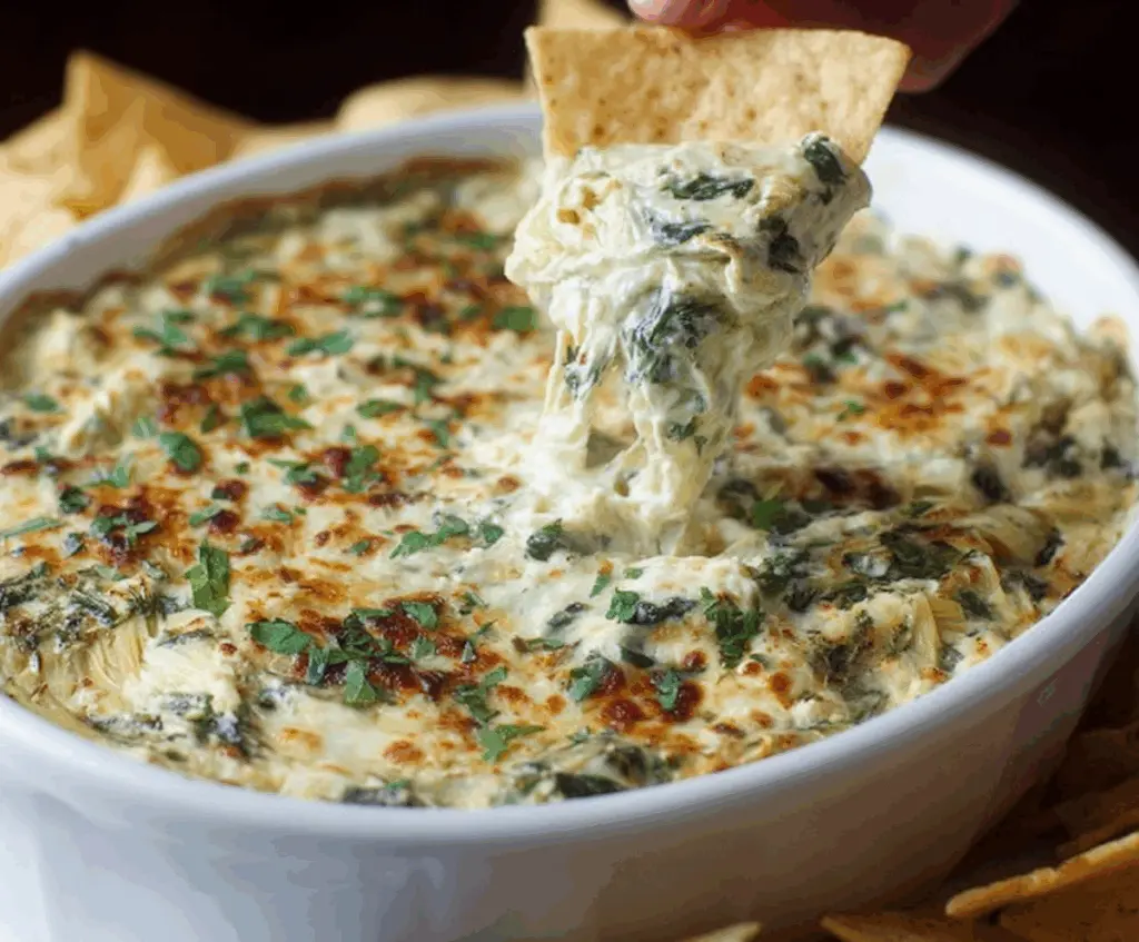 Delicious creamy spinach artichoke dip served in a bowl, perfect for appetizers and parties.