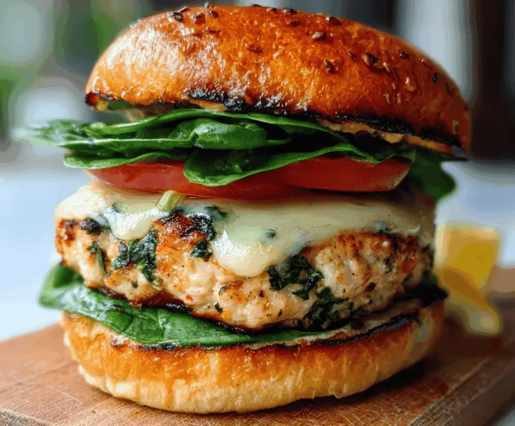 Homemade white cheddar and spinach chicken burger on a bun with fresh greens