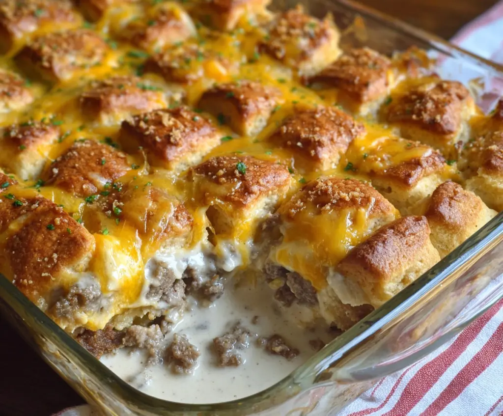 Delicious Biscuits and Gravy Breakfast Casserole with flaky biscuits and creamy gravy for a hearty breakfast