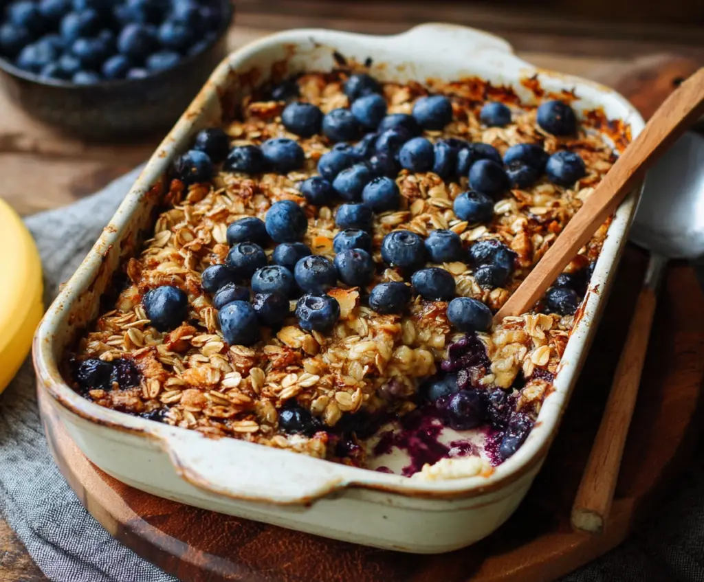 Delicious blueberry baked oatmeal in a baking dish topped with fresh blueberries and a sprinkle of cinnamon.