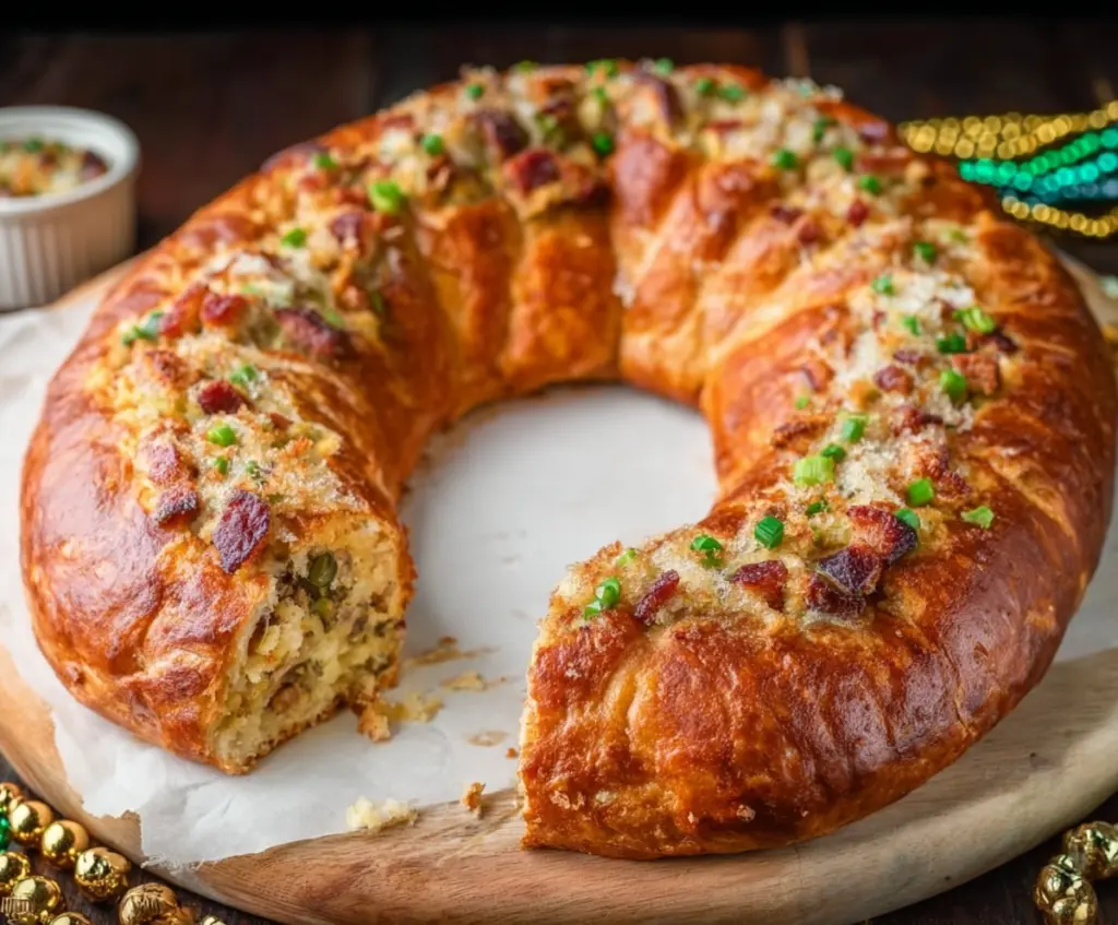 Delicious Boudin King Cake with colorful icing and Mardi Gras decorations.