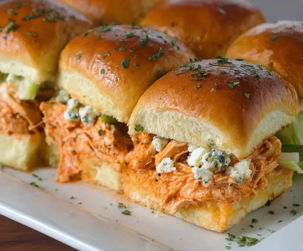 Delicious buffalo chicken sliders topped with crispy celery and creamy blue cheese for a flavorful appetizer.