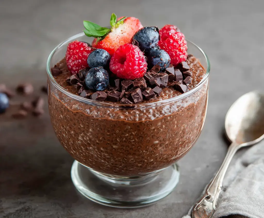 Delicious homemade chocolate chia pudding in a glass bowl topped with fresh berries and mint.