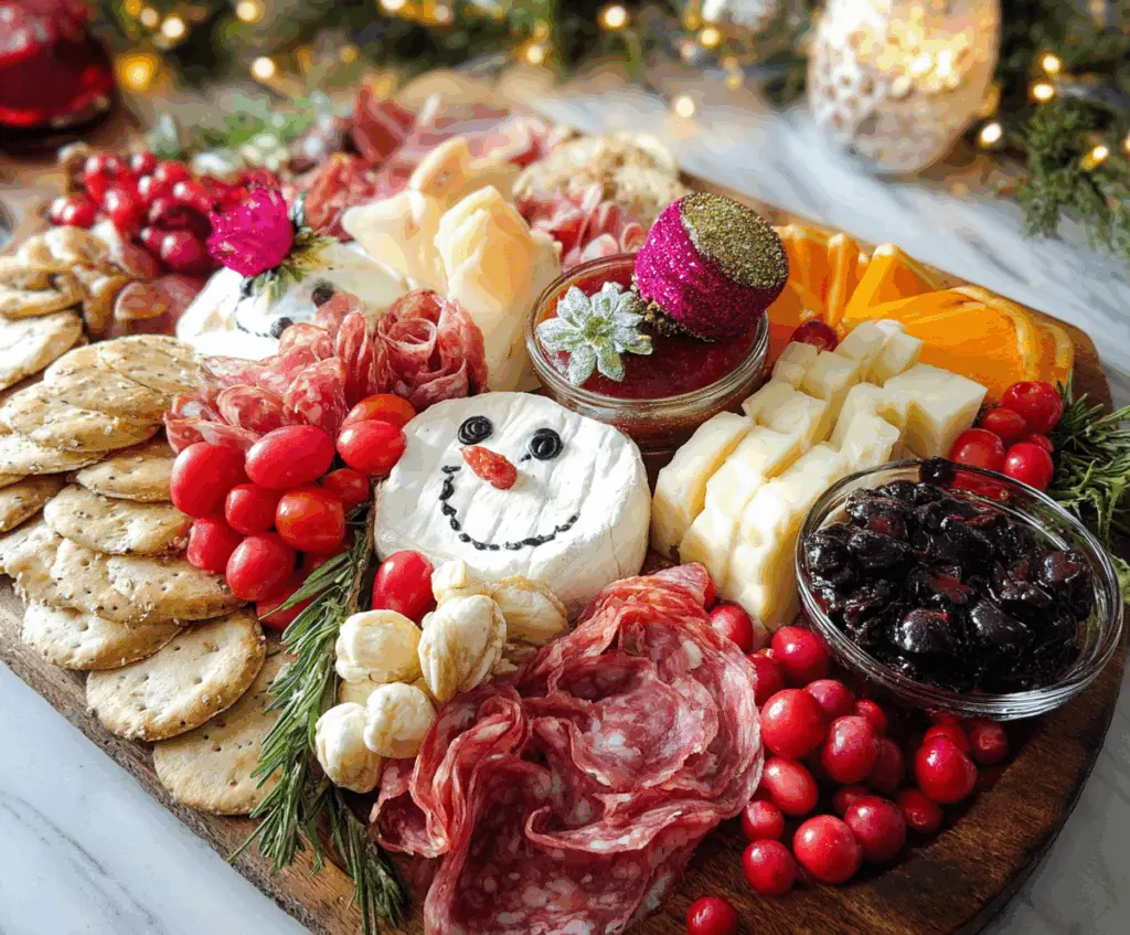 Festive Christmas charcuterie board with holiday cheeses, meats, and festive decorations.
