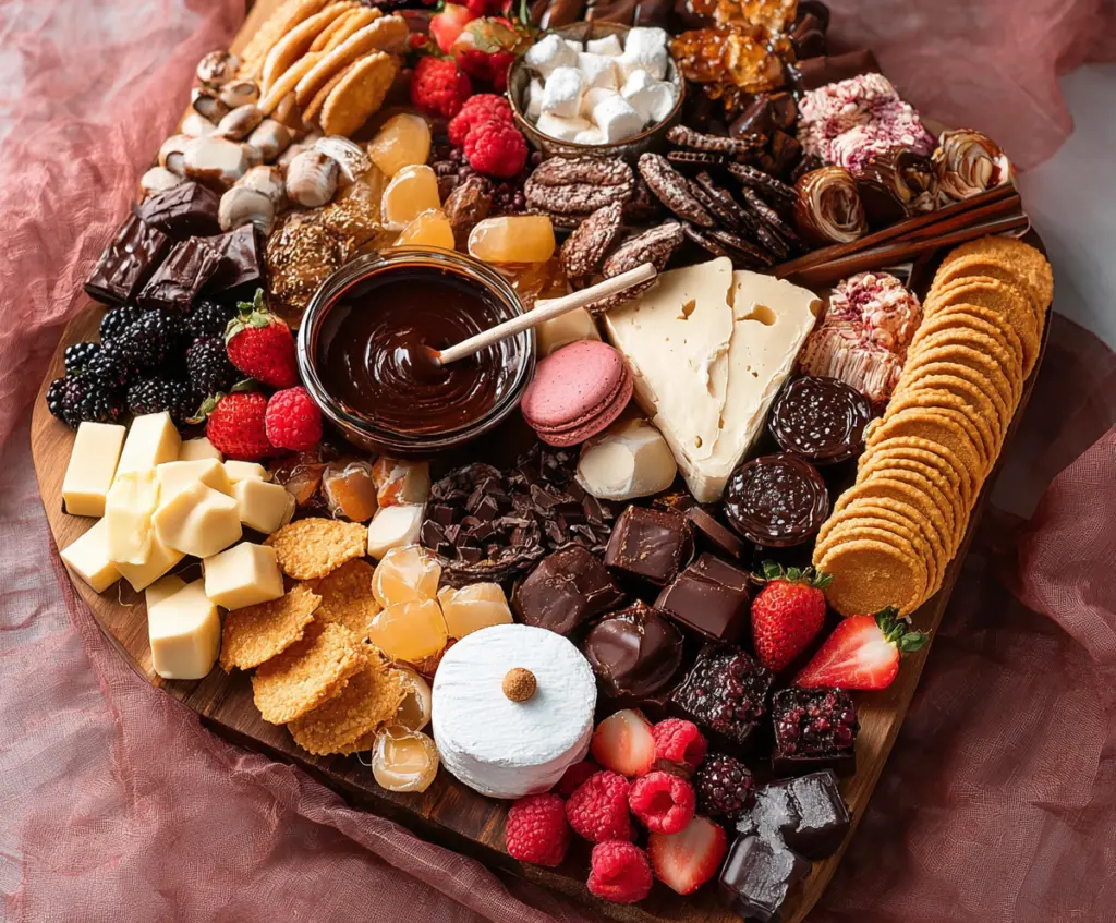 Colorful dessert charcuterie board featuring assorted chocolates, fruits, and sweet treats for a visually appealing presentation.