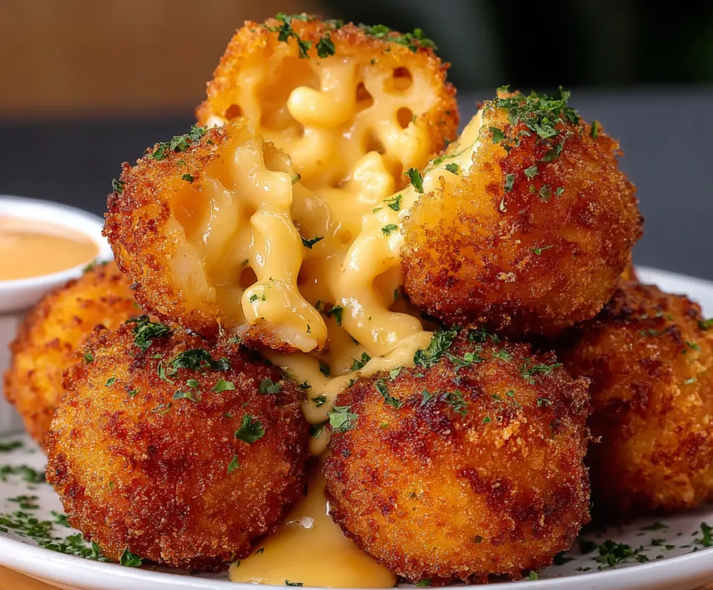 Crispy fried mac and cheese balls served with a side of dipping sauce