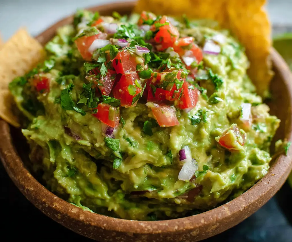 Fresh homemade guacamole with ripe avocados, lime, and cilantro in a bowl.
