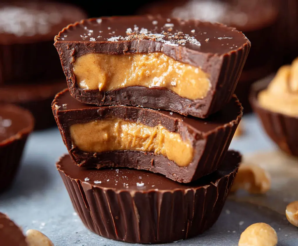 Delicious homemade healthy peanut butter cups in a bowl with chocolate and peanut butter