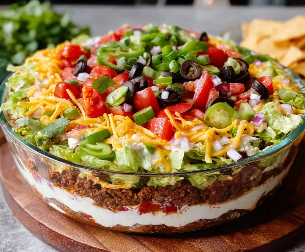 Colorful seven-layer taco dip with fresh ingredients and garnishes, perfect for parties