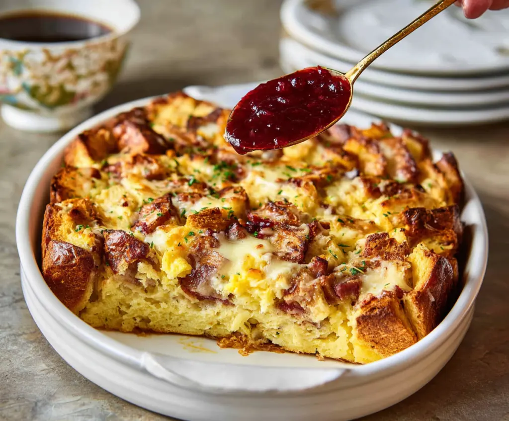 Delicious Monte Cristo Breakfast Casserole in a baking dish with eggs, cheese, and ham, ready to serve.