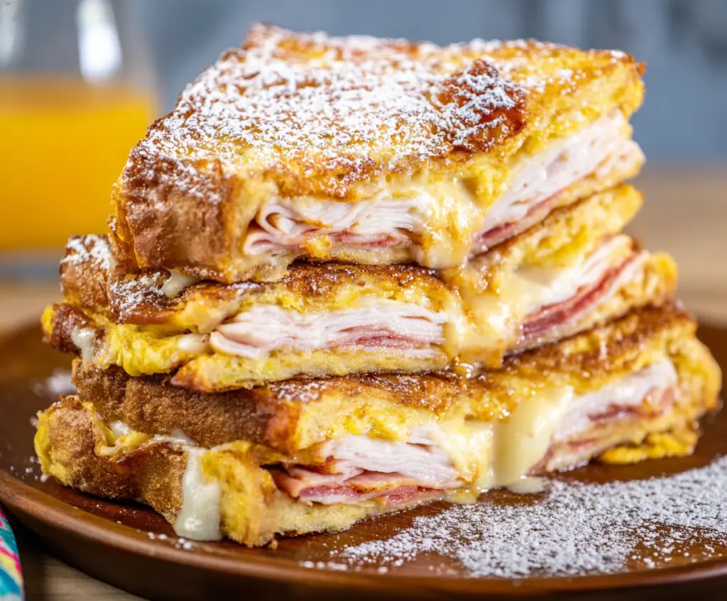 Delicious Monte Cristo Sandwich with melted cheese, ham, and turkey stacked between golden toasted bread.