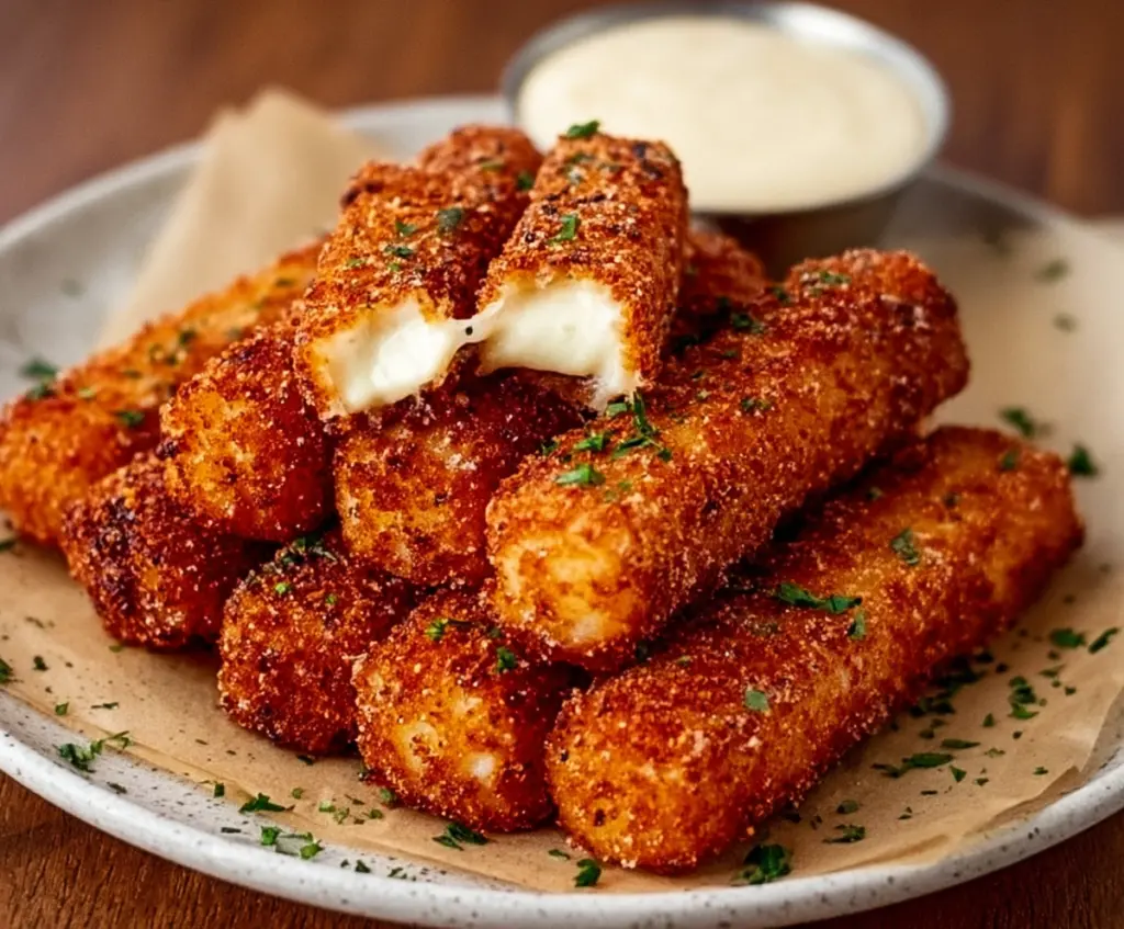 Crispy Nashville hot mozzarella sticks with dipping sauce on a plate, perfect for spicy appetizer lovers.