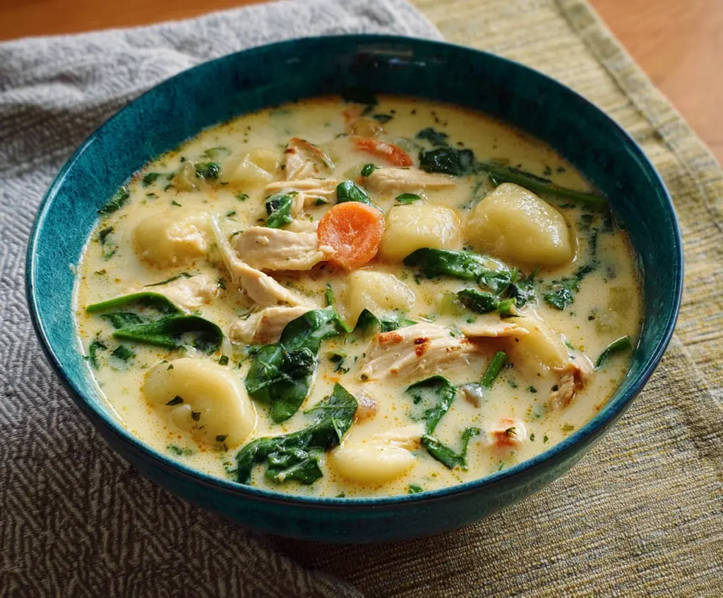 Creamy Olive Garden Chicken Gnocchi Soup with tender chicken, spinach, and gnocchi in a flavorful broth.