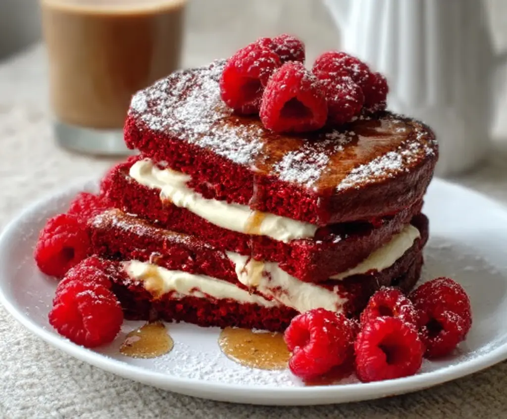 Delicious Red Velvet French Toast topped with powdered sugar and fresh strawberries.
