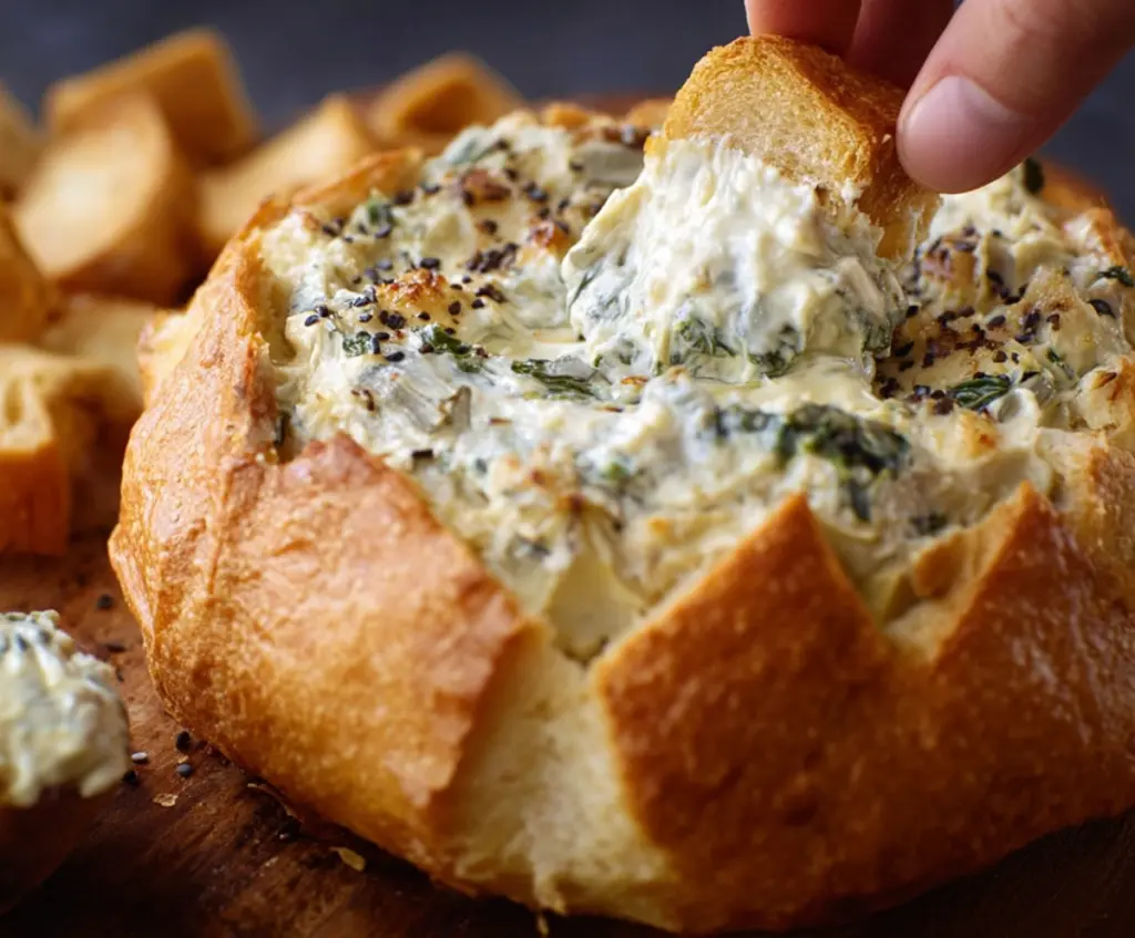 Creamy spinach and artichoke dip served in a bread bowl, perfect for parties and gatherings.