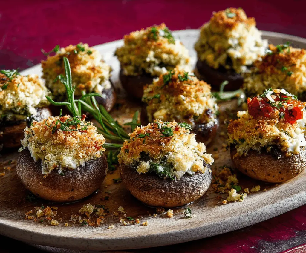 Delicious stuffed mushroom caps filled with cheese and herbs, perfect appetizer for parties.