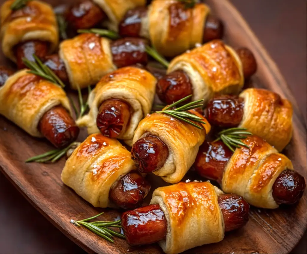 Delicious Sweet Glazed Pigs in a Blanket on a platter perfect for parties and snacks