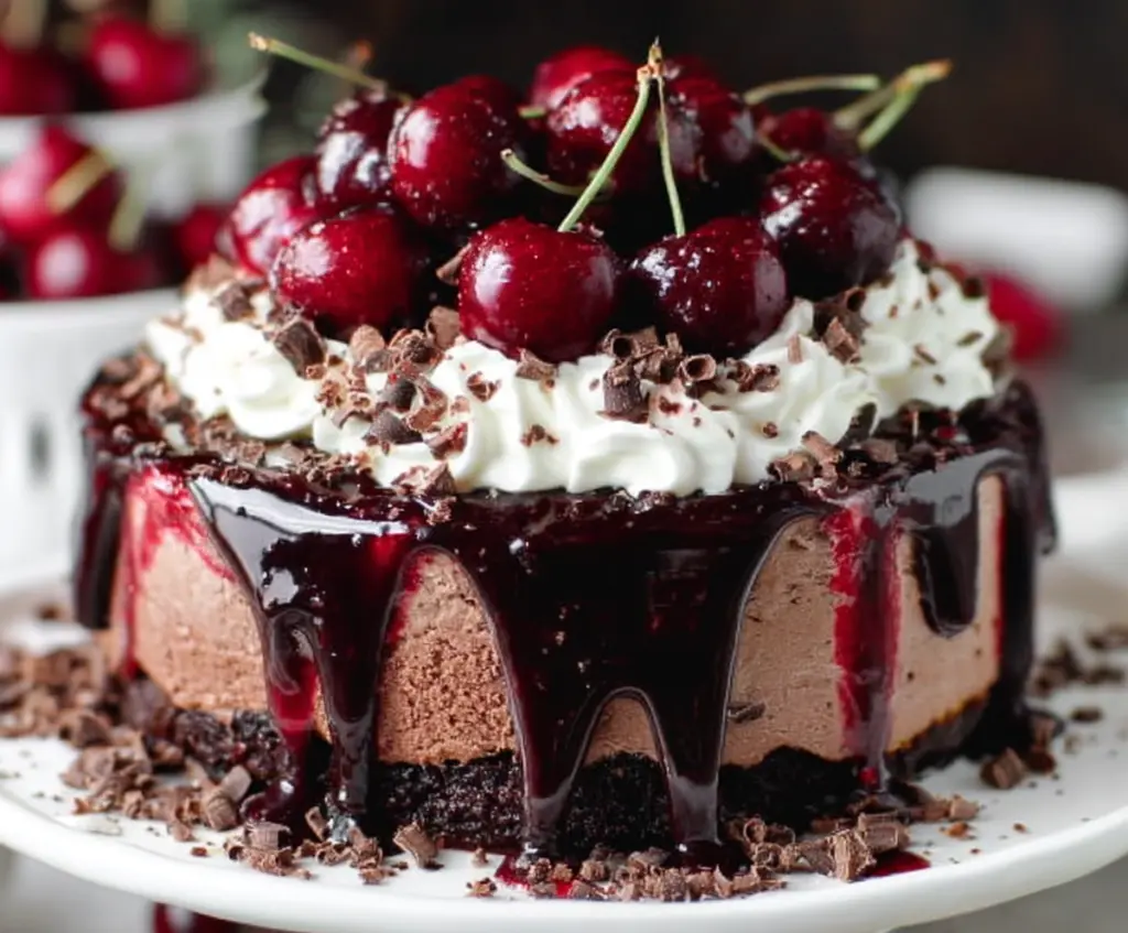 Delicious Black Forest Cheesecake topped with cherries and chocolate shavings, showcasing its rich layers.