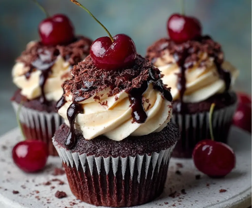 Delicious Black Forest Cupcakes topped with cherries and whipped cream, perfect for a sweet treat.